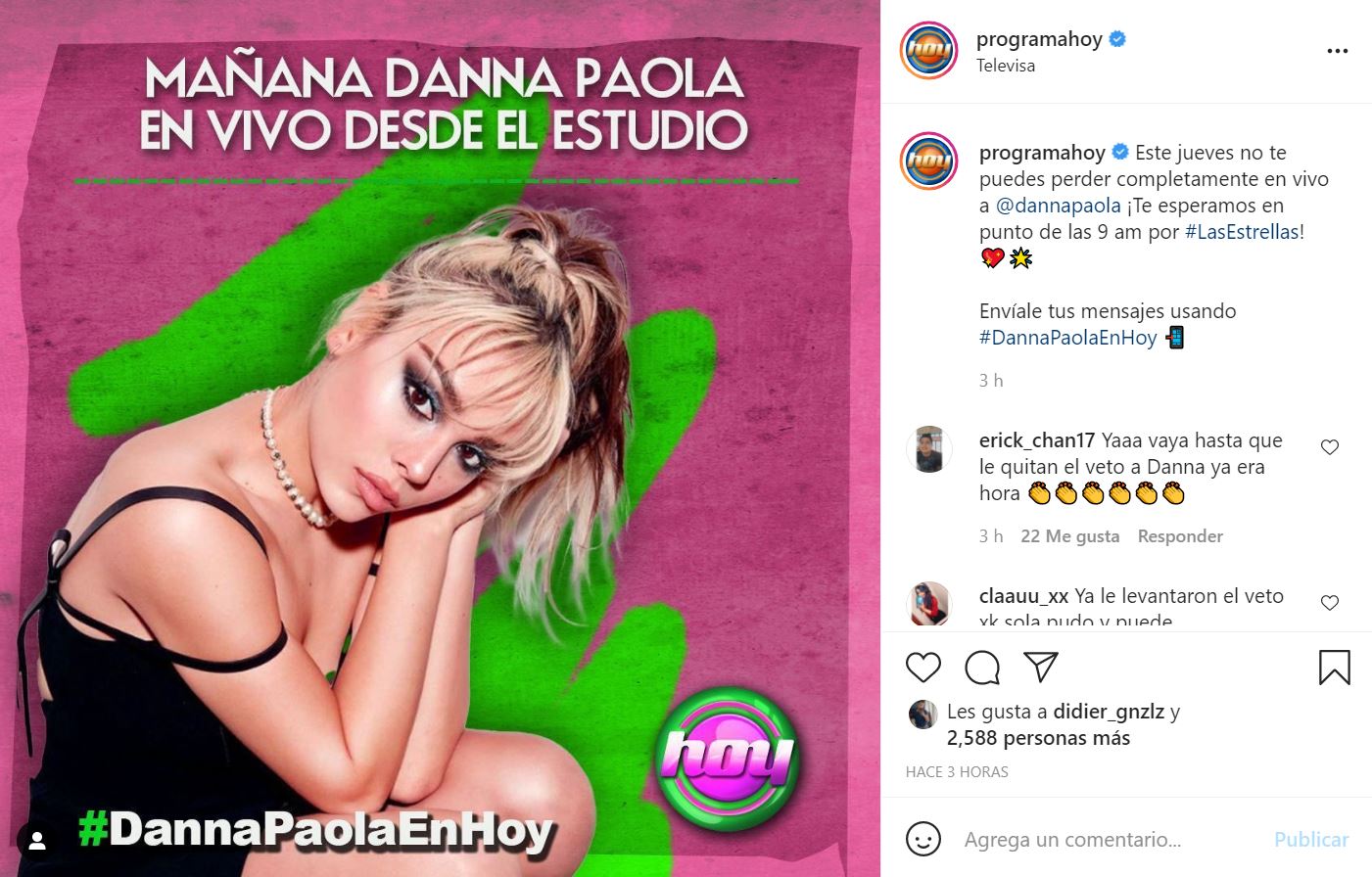 Así anunciaron la visita de Danna Paola en Hoy (Foto: captura de pantalla Instagram/@programahoy)