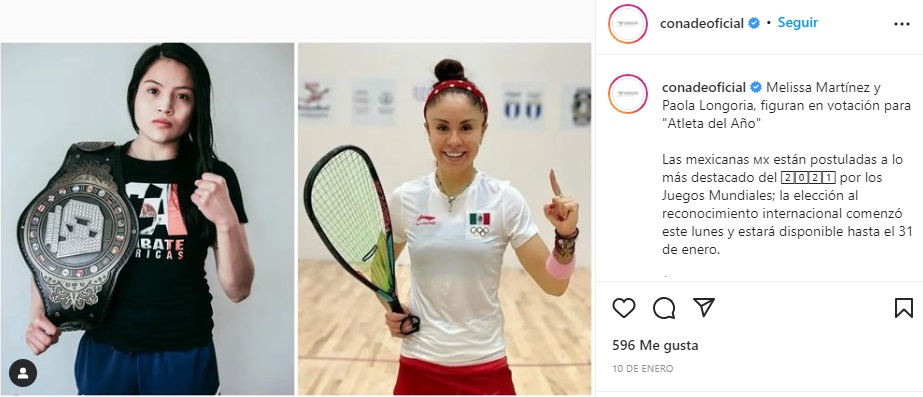 Melissa Martínez y Paola Longoria nominadas a mejor atleta del año por The World Games 2021(Foto: Instagram/@conadeoficial)