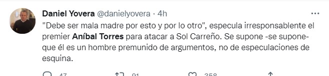 Daniel Yovera se pronuncia ante ataques machistas de Aníbal Torres contra Sol Carreño.