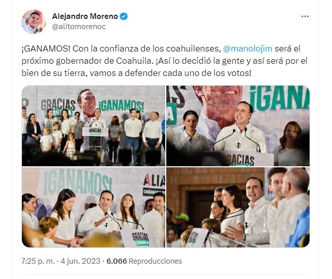 Alito Moreno felicitó a Manolo Jiménez por triunfo preliminar en Coahuila (Twitter/ @alitomorenoc)