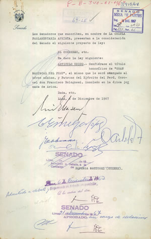 Título honorífico de “Gran Mariscal del Perú”.  Créditos: Área de Archivo del Congreso de la República.