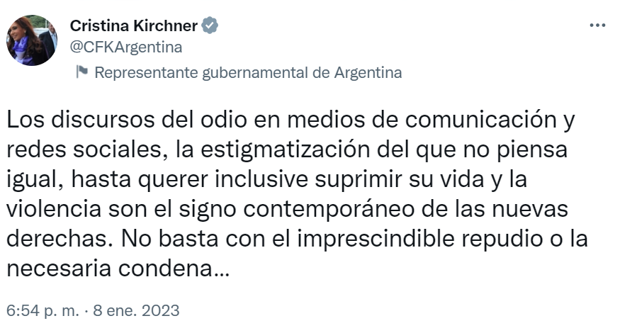 Cristina Kirchner también opinó sobre lo que pasó en Brasil