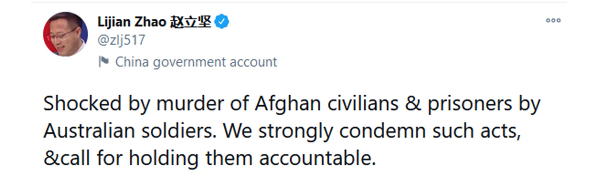 “Conmocionado por el asesinato de civiles y prisioneros afganos a manos de soldados australianos. Condenamos esos actos de manera firme y pedimos que rindan cuentas”