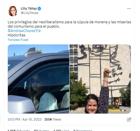 Lilly Téllez aseguró que Andrea Chávez goza de privilegios. (Twitter)