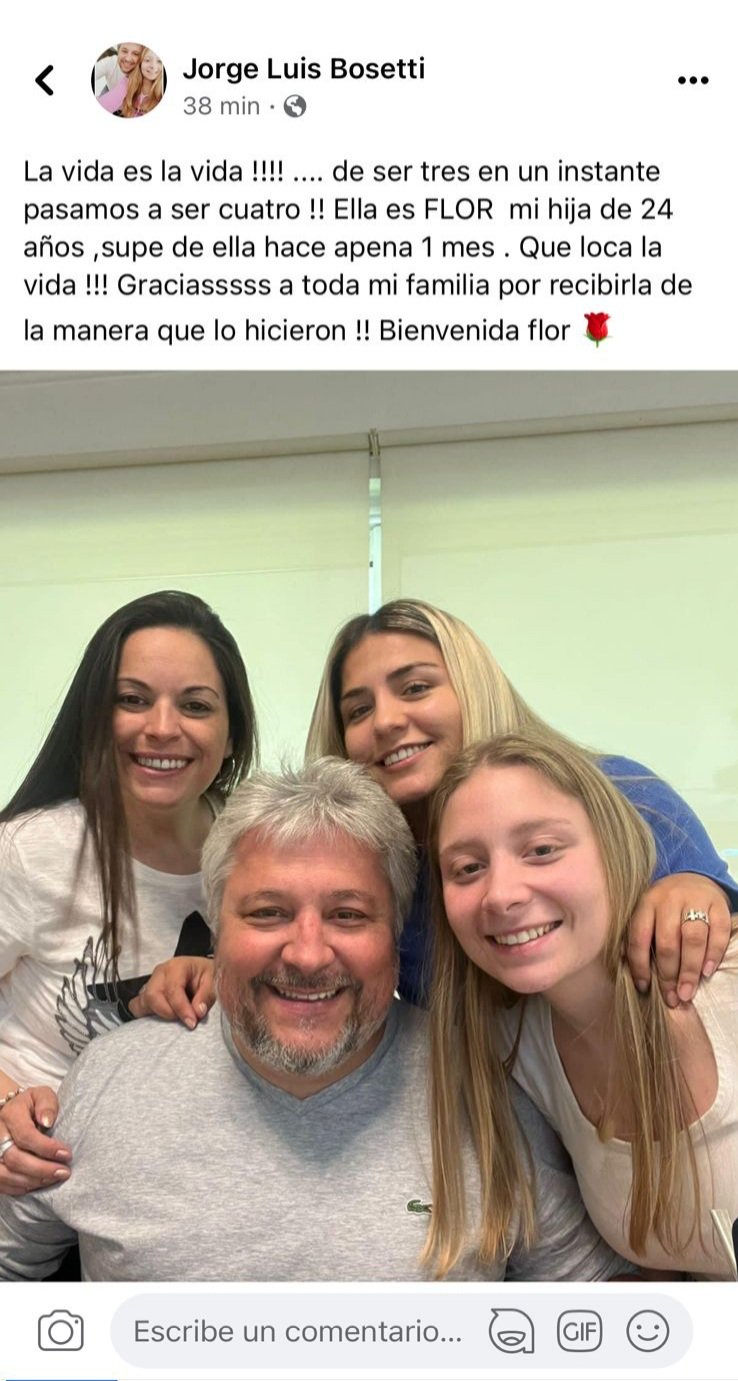 Posteo de Facebook de Jorge Luis Bosseti donde admite que tiene otra hija y se muestra feliz de conocerla. "Supe de ella hace un mes", admite
