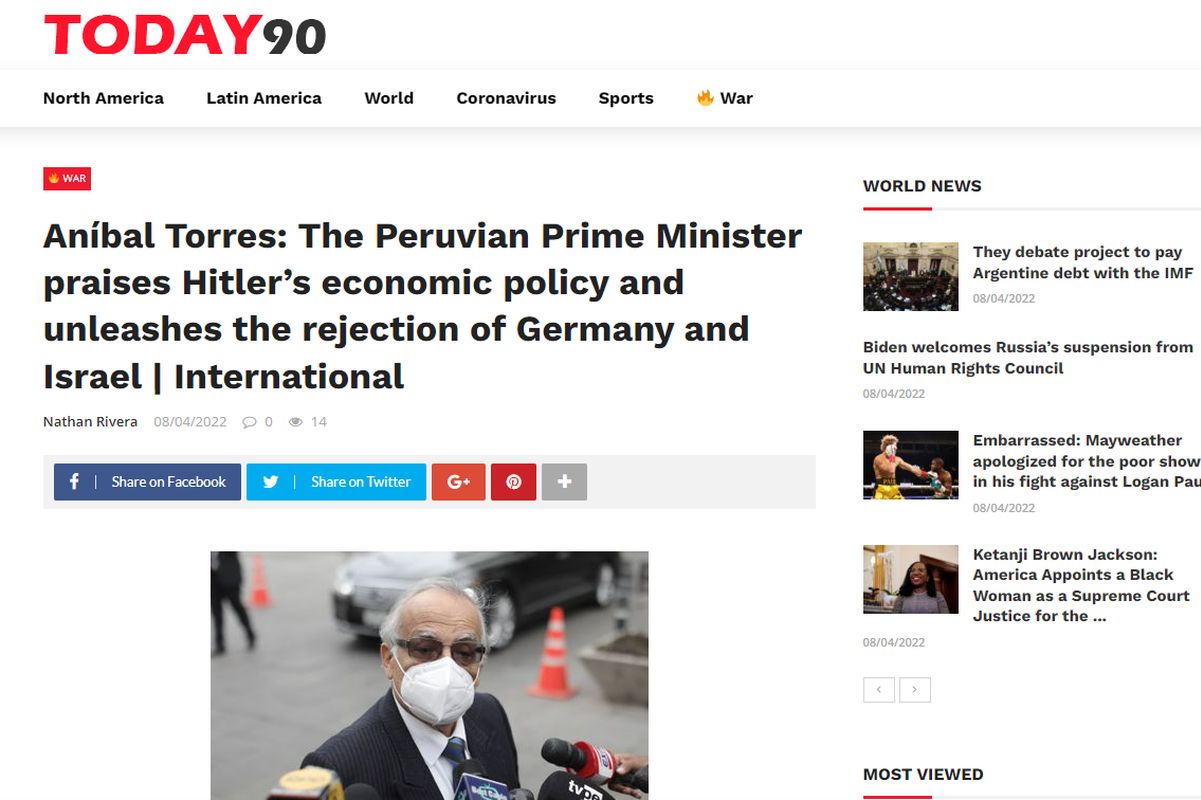 Prensa internacional informó sobre Aníbal Torres y sus frases de Hitler.
