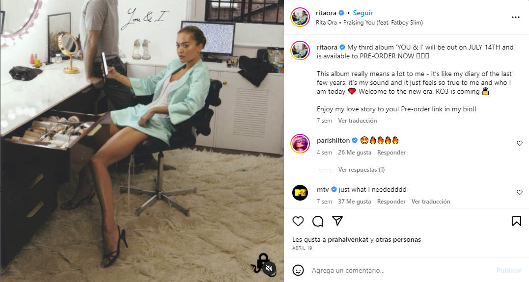 You & I, tercer álbum de Rita Ora, llegará el próximo 14 de julio 
Foto: Instagram/Rita Ora