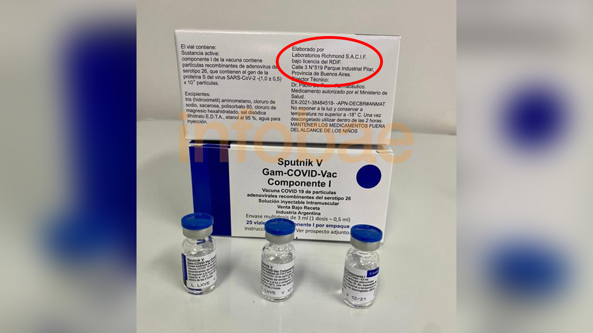 Exclusivo de Infobae: el primer packaging de la vacuna Sputnik V (componente 1) hecha en la Argentina por Laboratorios Richmond