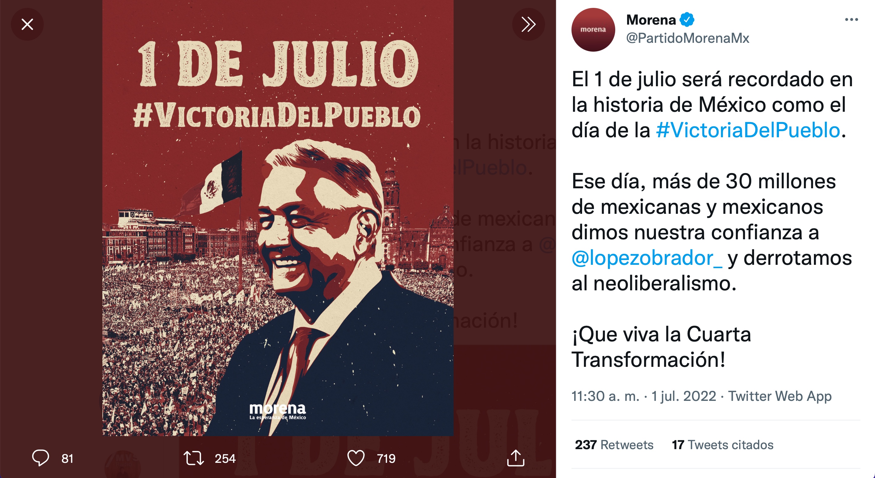Morena celebró cuatro años del triunfo de AMLO en las elecciones de 2018 (Foto: Twitter/@PartidoMorenaMX)