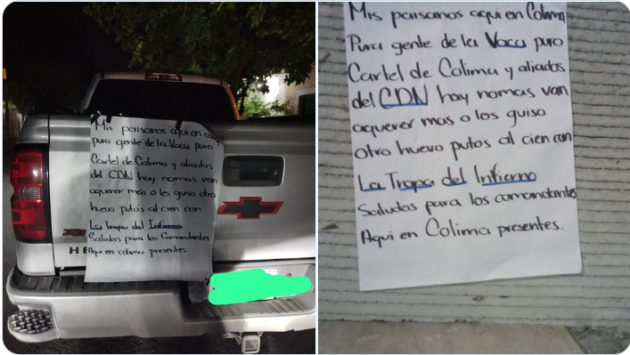 Narcomensajes aparecieron en Colima el día 17 de agosto
(Foto: Twitter/Captura de pantalla/@OscarAdrianL)