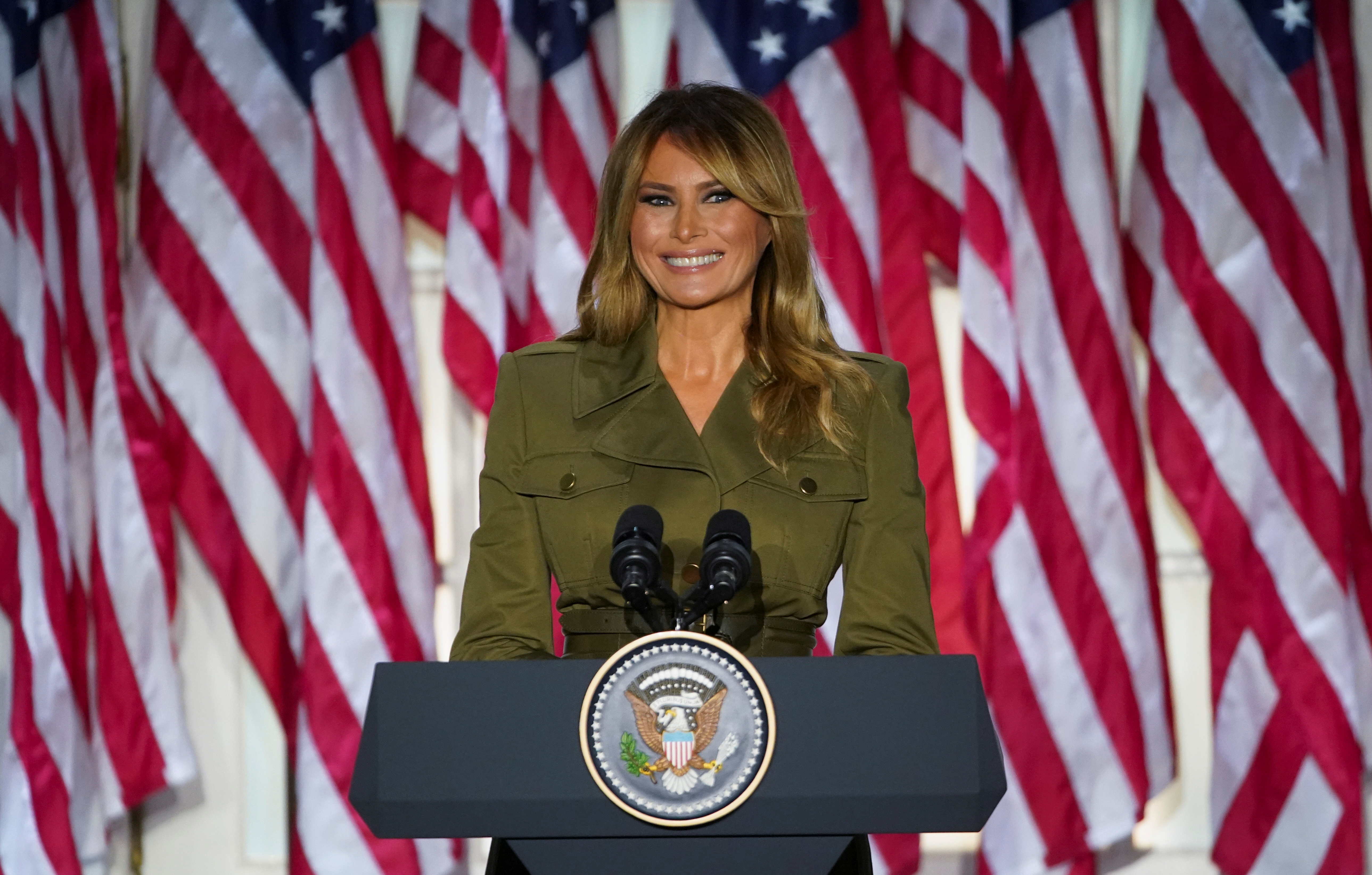 U.S. first lady Melania Trump delivers her live address to the largely virtual 2020 Republican National Convention from the Rose Garden of the White House in Washington, U.S., August 25, 2020. REUTERS/Kevin Lamarque