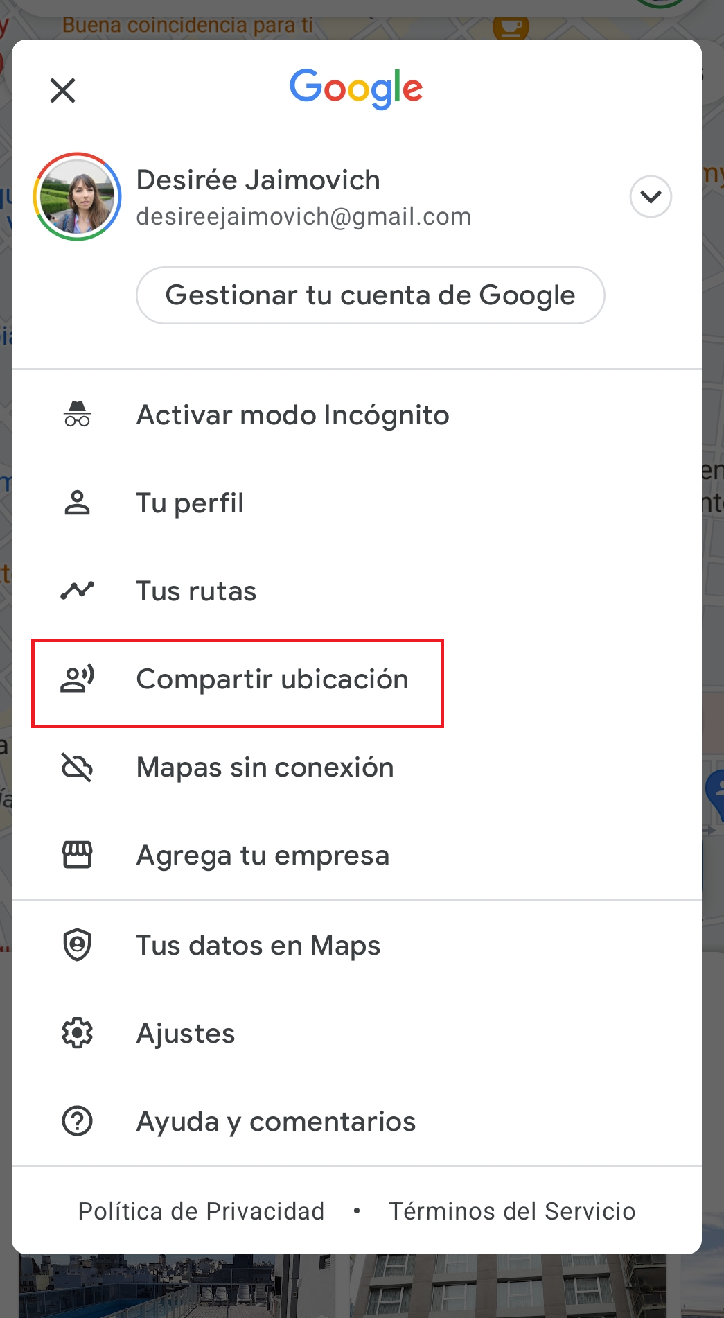Elegir la opción "compartir ubicación" en Google Maps