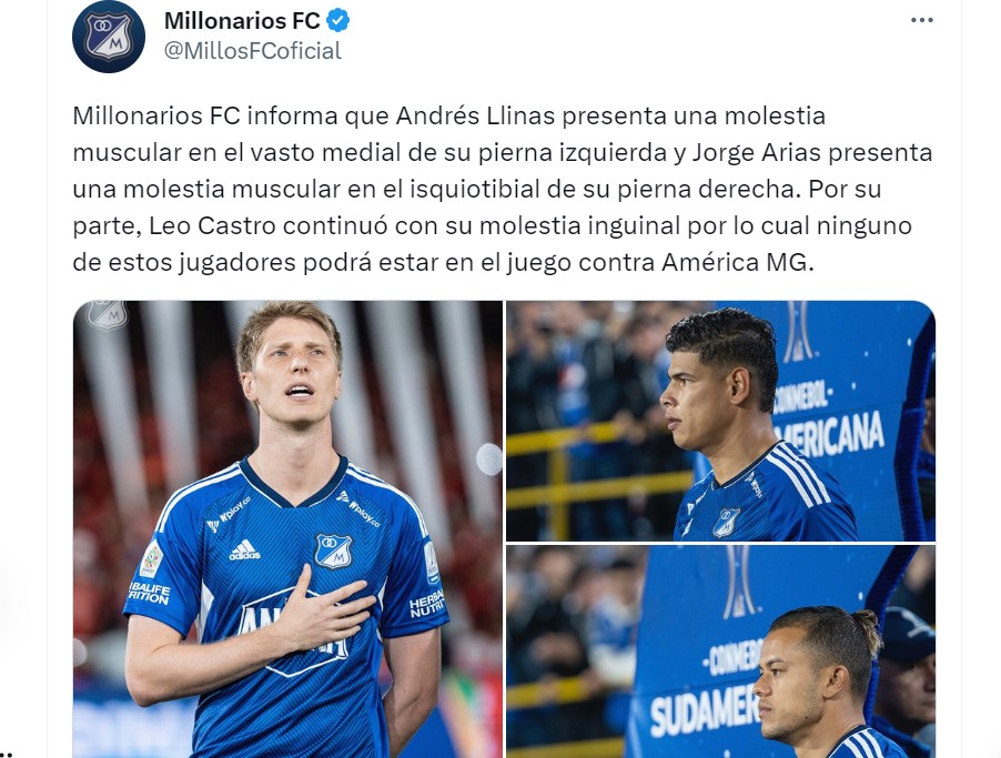 Andrés Llinás, Jorge Arias y Leonardo Castro no jugaron ante América Mineiro por lesión