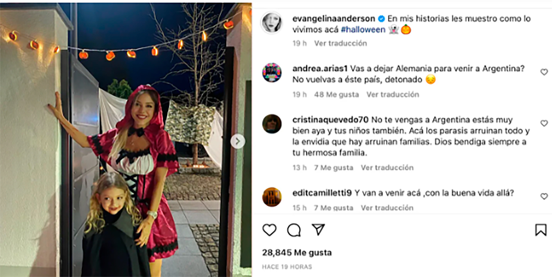 Algunos de los comentarios en contra de la Argentina que le dejaron a Evangelina Anderson en su cuenta de Instagram