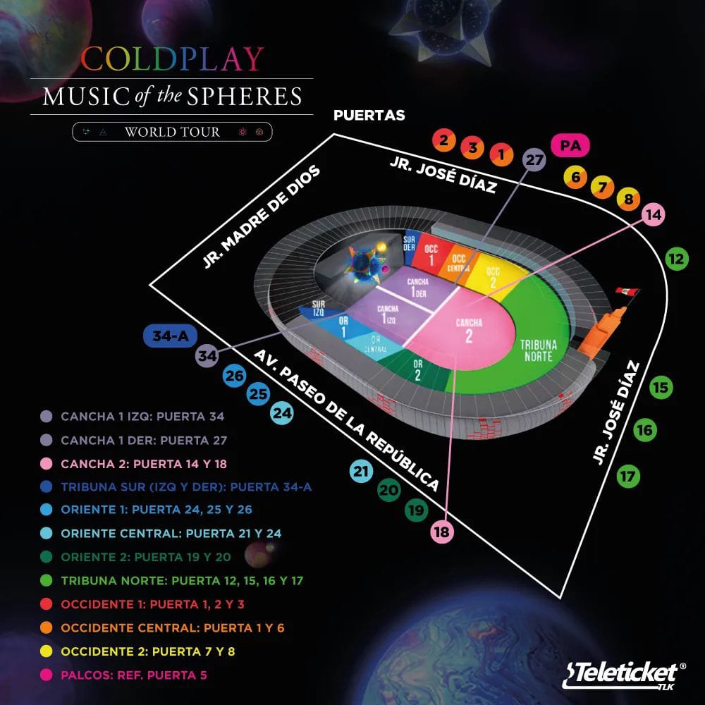 Puertas y zonas del concierto de Coldplay. | Teleticket.