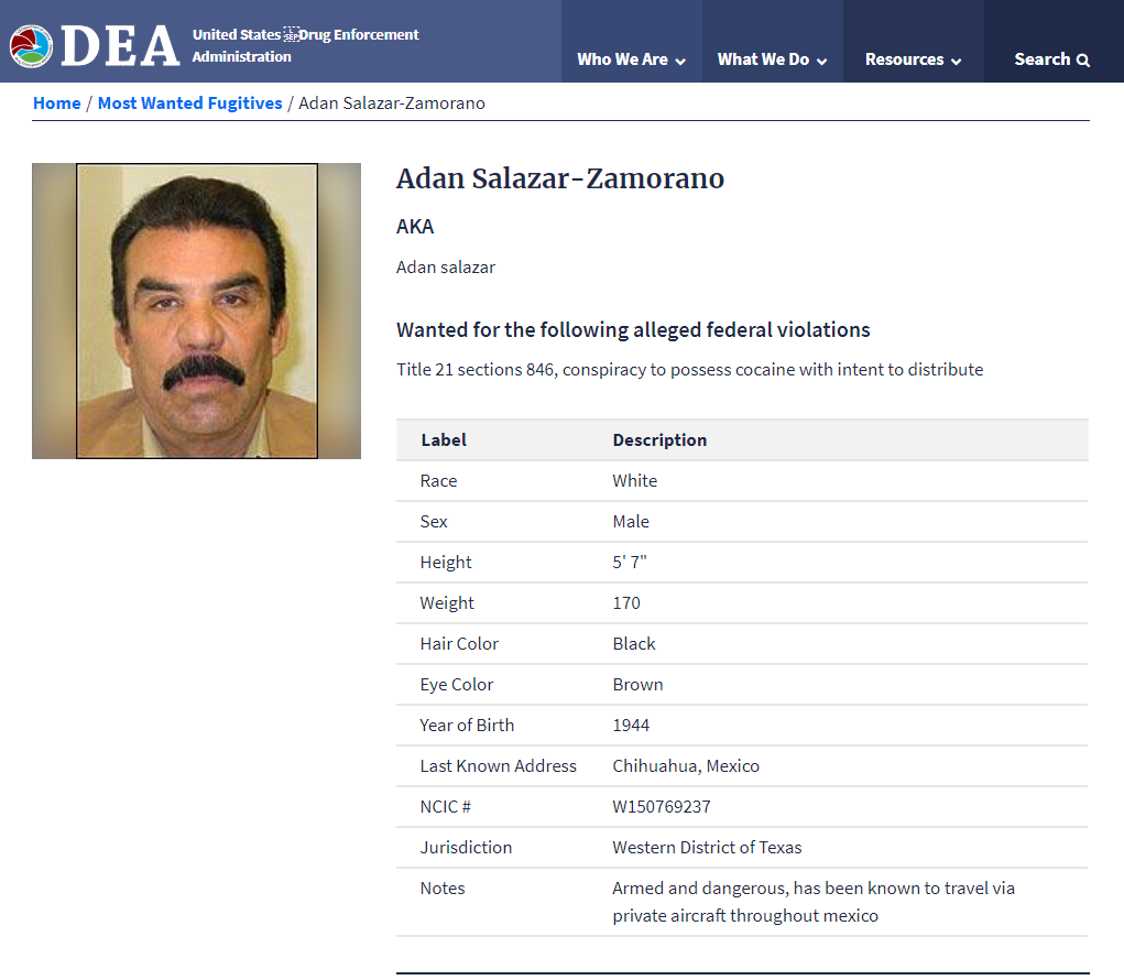 Adán Salazar is wanted by the DEA for distributing cocaine in the United States (DEA) 