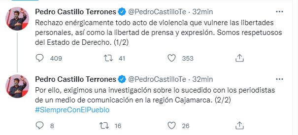 Pedro Castillo se pronuncia por secuestro de periodistas