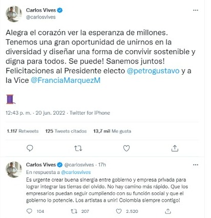 El cantante, Carlos Vives, felicitó al nuevo presidente de Colombia, Gustavo Petro y su fórmula vicepresidencial, Francia Márquez. 

Pantallazo del Twitter de Carlos Vives