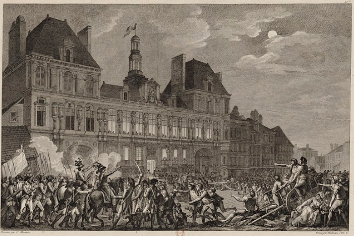 Las fuerzas llegan a la plaza frente al hotel donde están Robespierre y sus allegados. Grabado de Jean Duplessis-Bertaux.