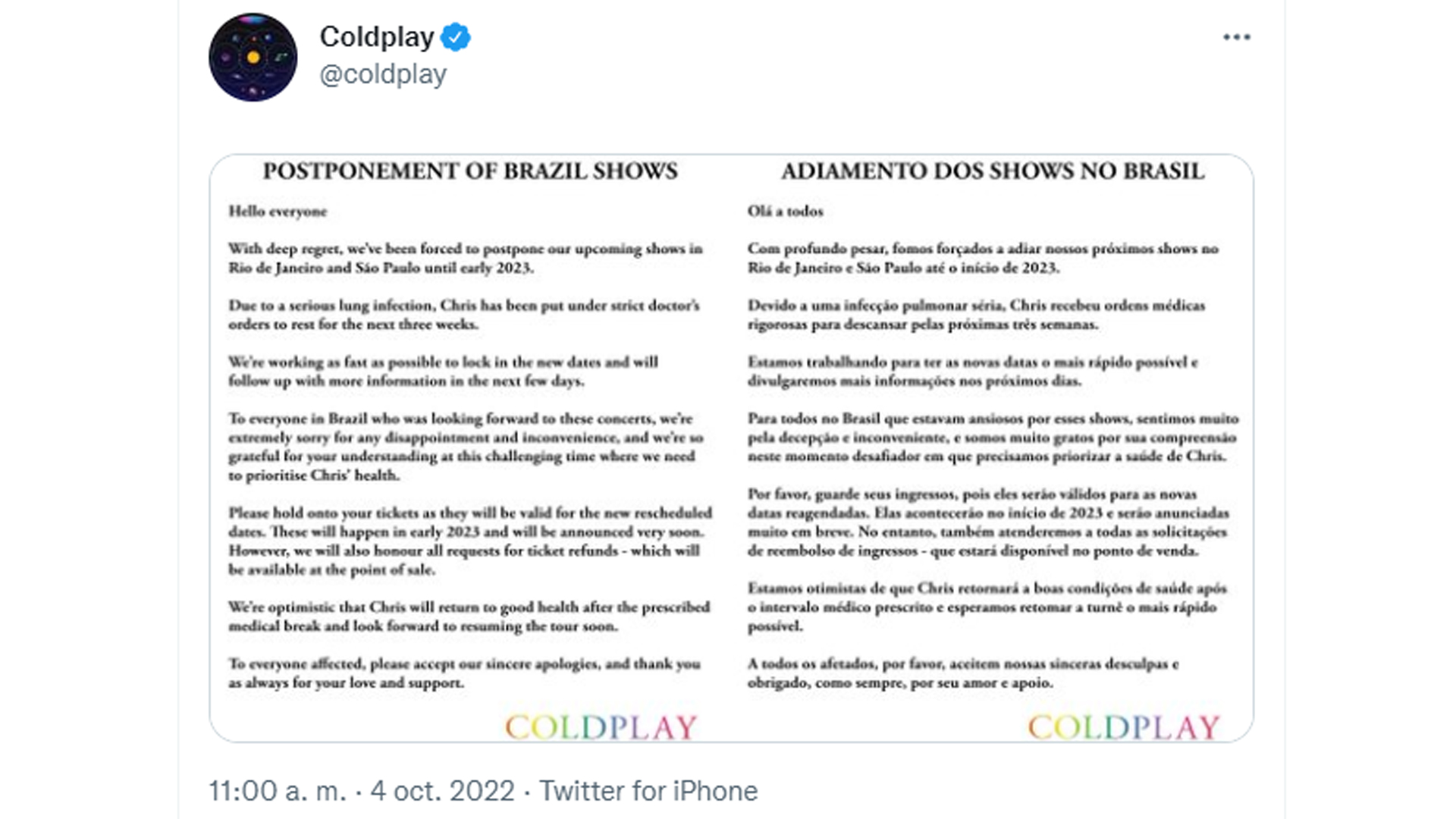 El comunicado de Coldplay sobre la postergación de sus recitales en Brasil