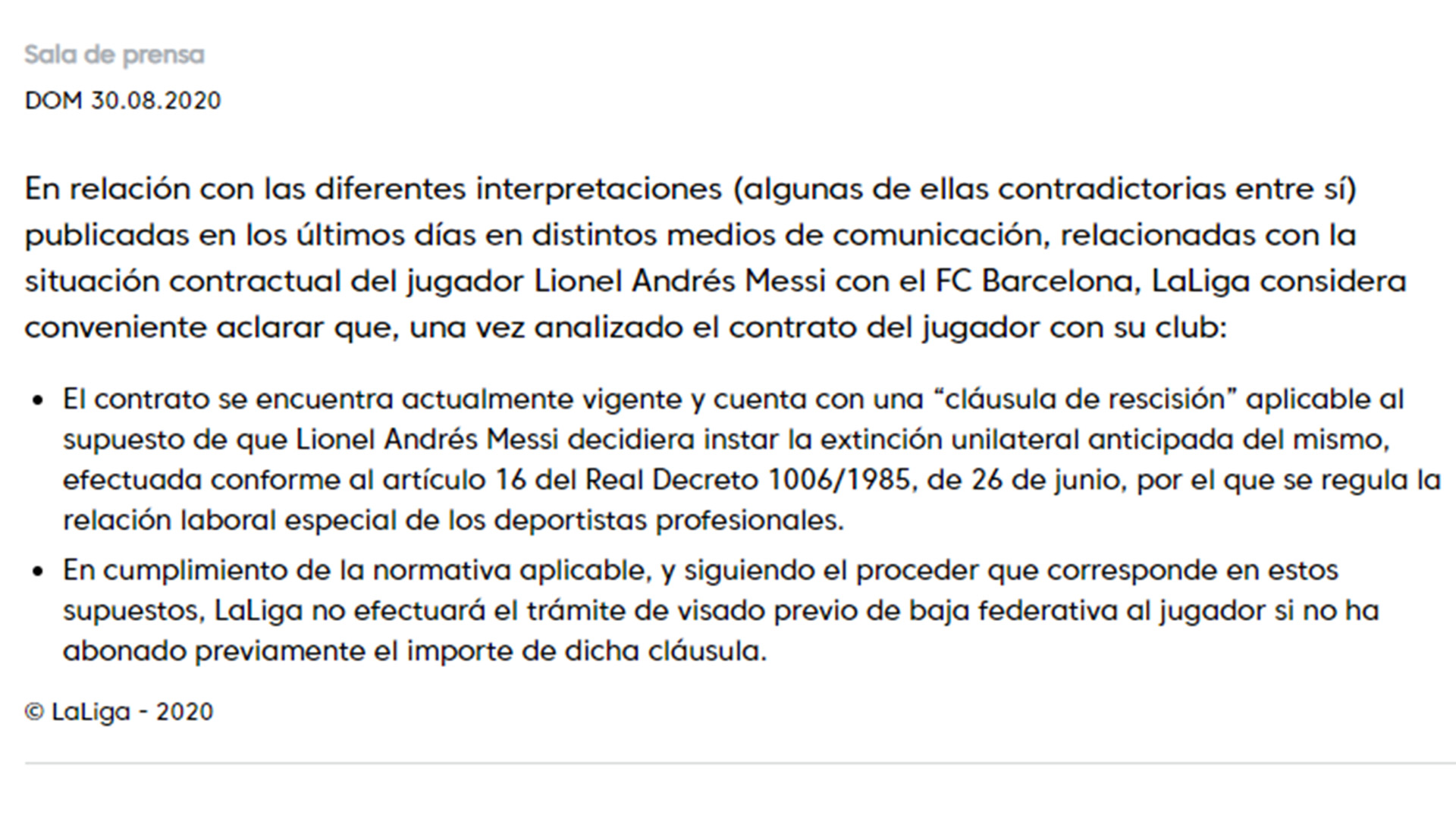 El comunicado de La Liga por el conflicto entre Lionel Messi y Barcelona