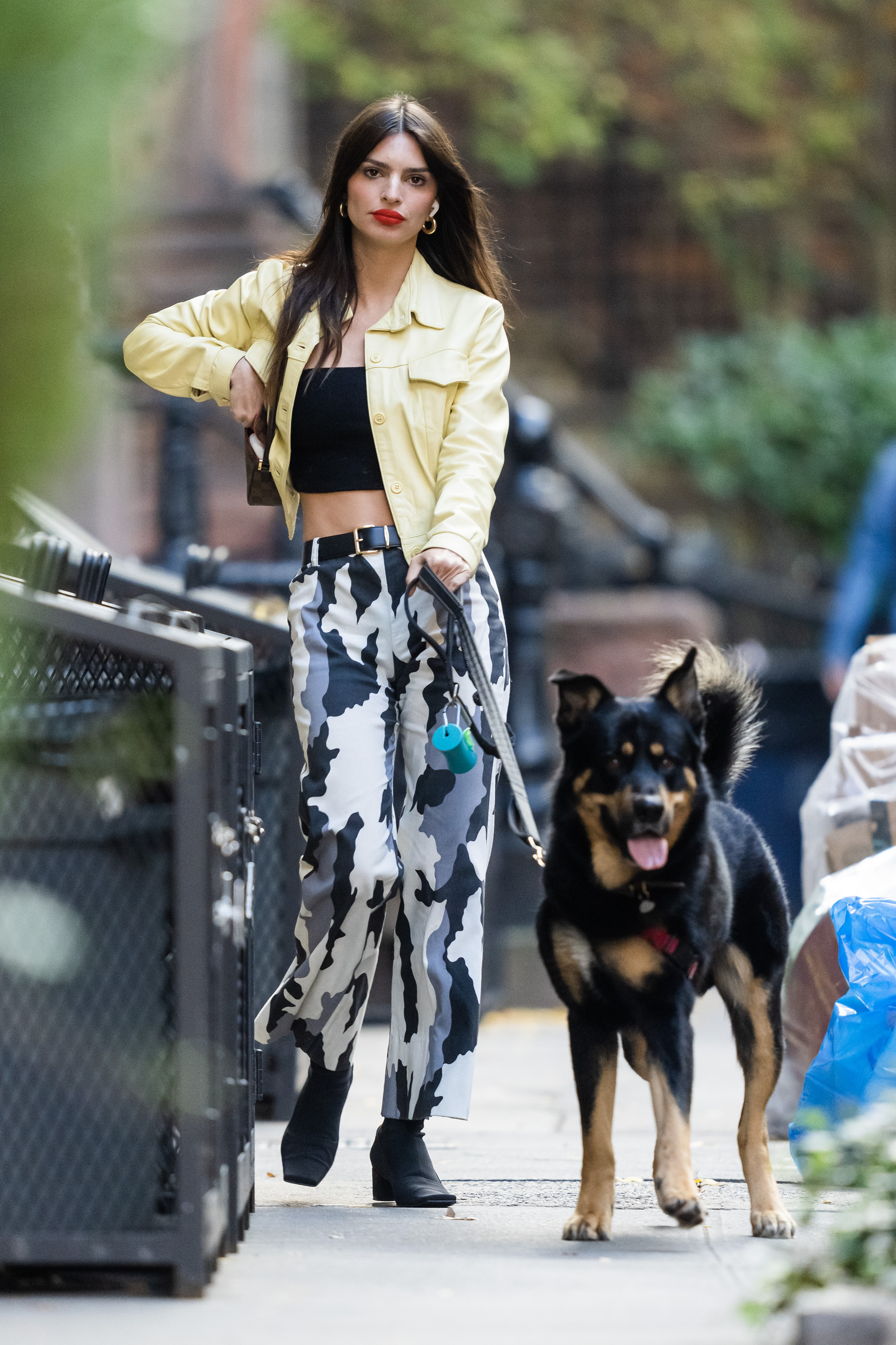 Emily Ratajkowski sacó a pasear a su perro en la ciudad de Nueva York con un top corto negro debajo de una chaqueta amarilla combinada con pantalones negros camuflados, botas negras y un bolso de Chanel. La modelo aparece después del lanzamiento de su nuevo  podcast 'High Low with EmRata'