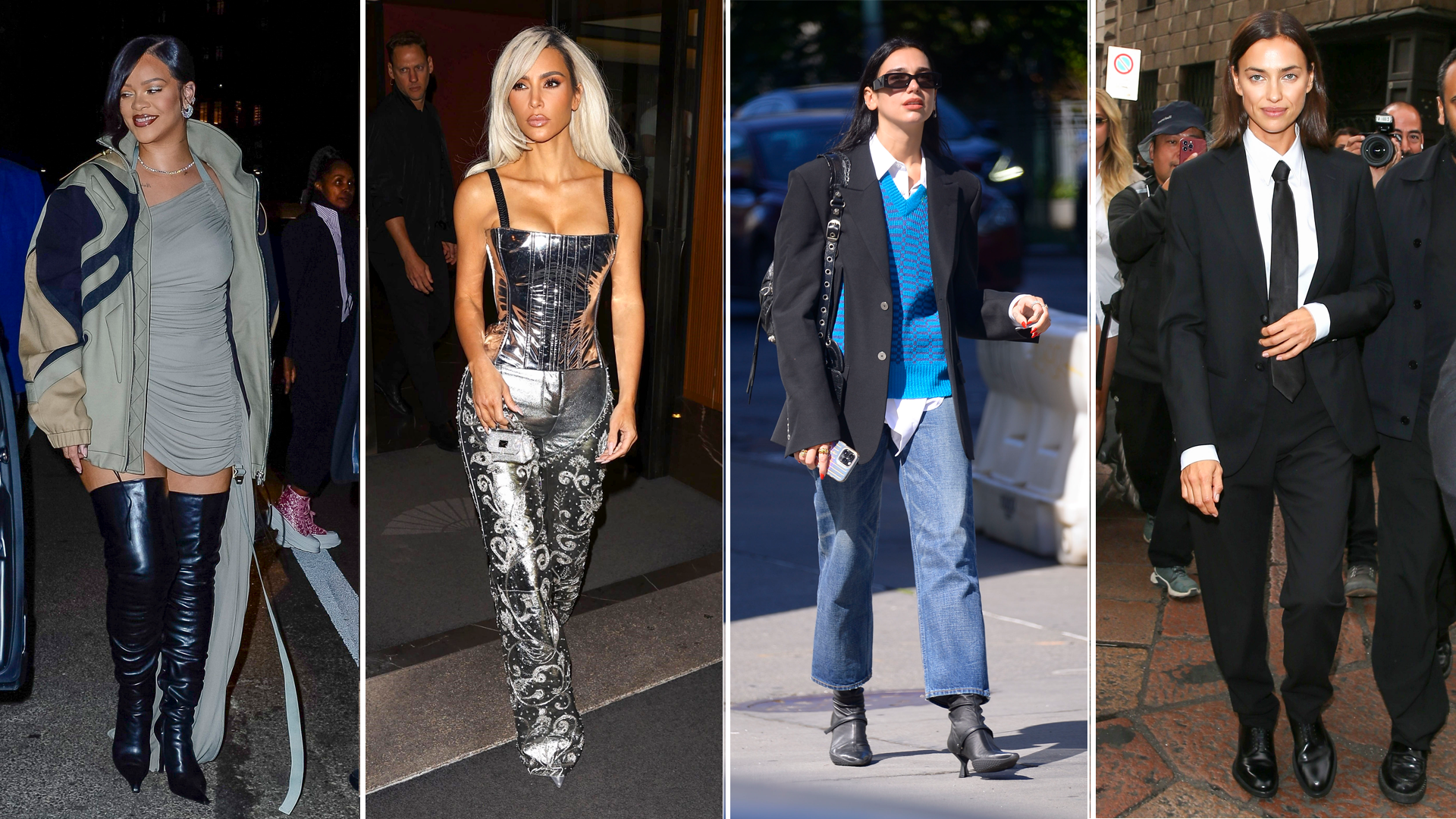 De los extravagantes looks de Riahnna y Kim Kardashian, al casual de Dua Lipa y el traje de Irina Shayk: celebrities en un click