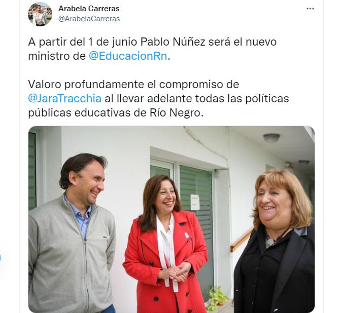 El tuit de la gobernadora Arabela Carreras con el que anunció cambios en el Ministerio de Educación