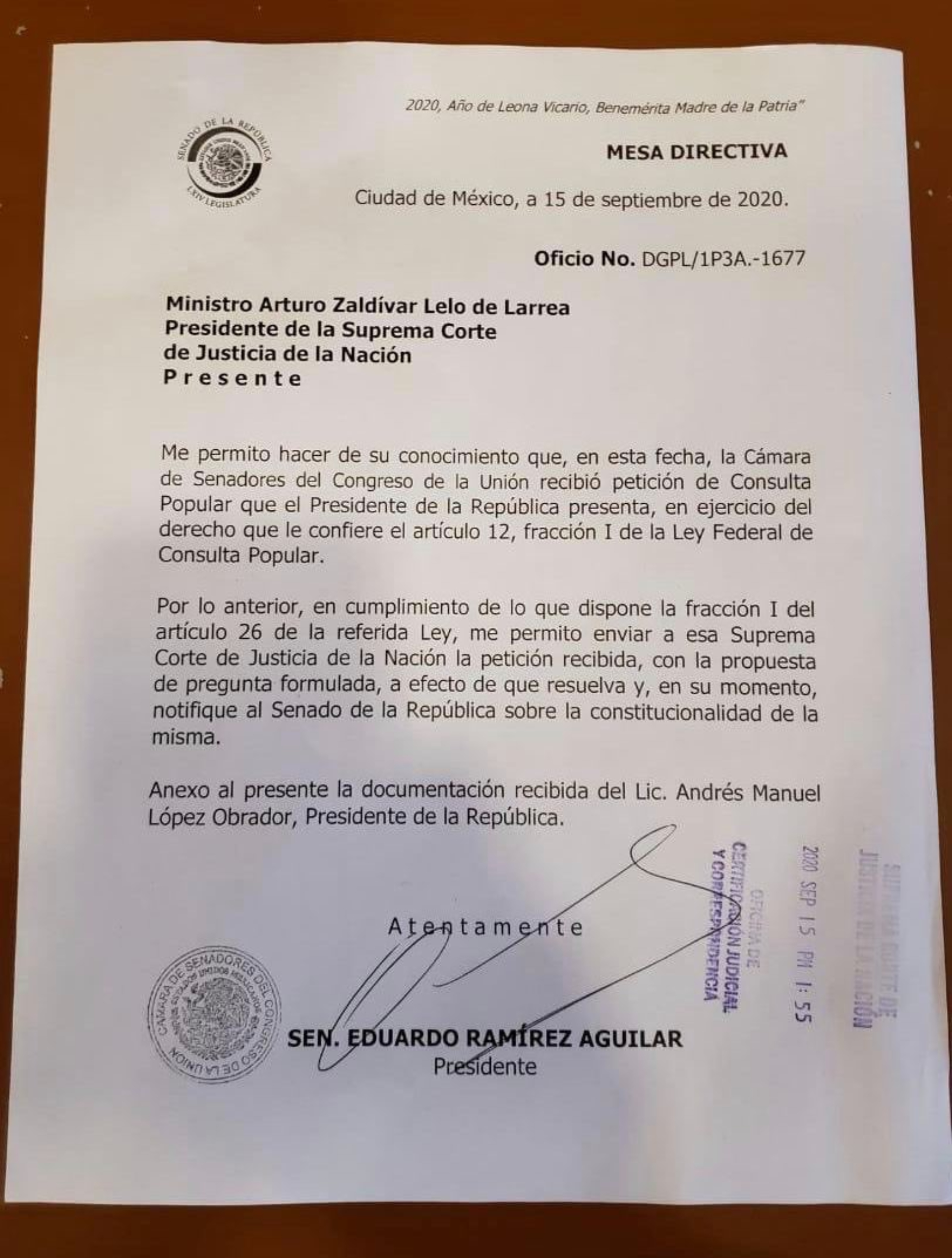 El documento fue enviado este mismo martes (Foto: Twitter @RicardoMonrealA)