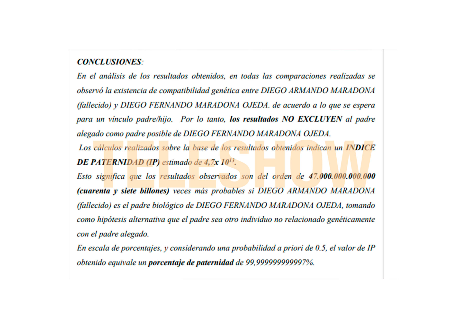 "Porcentaje de paternidad de 99,999999999997%”, dice el documento, sobre la filiación entre Diego Maradona y Dieguito Fernando