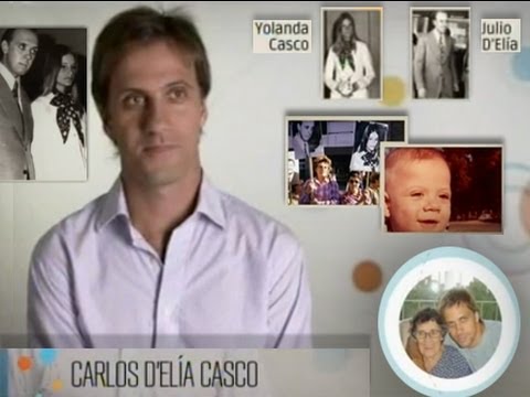 Carlos D’Elía Casco en una imagen del programa para la TV pública sobre la restitución de los nietos, entre las fotos de sus padres desaparecidos y algunas fotos de su niñez