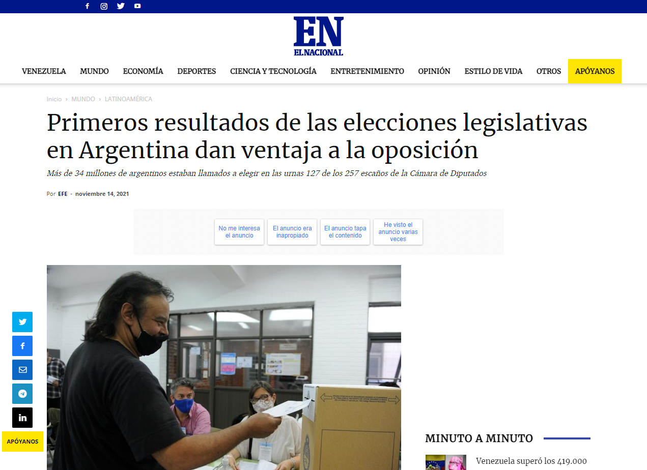 El Nacional de Venezuela publicó en su portada el resultado de las elecciones argentinas 
