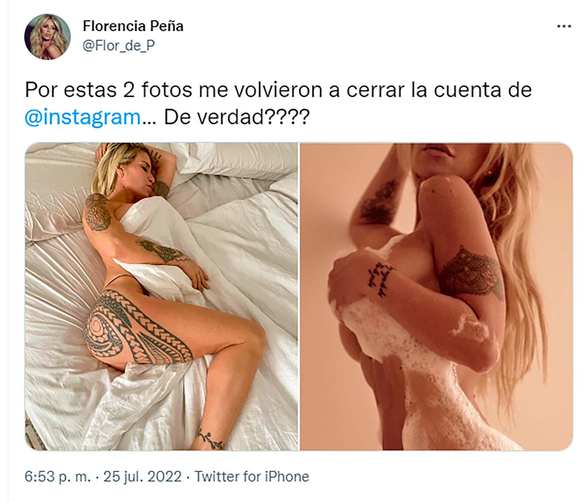 El tweet de Florencia Peña con las fotos por las que fue censurada en Instagram (Foto: Twitter)