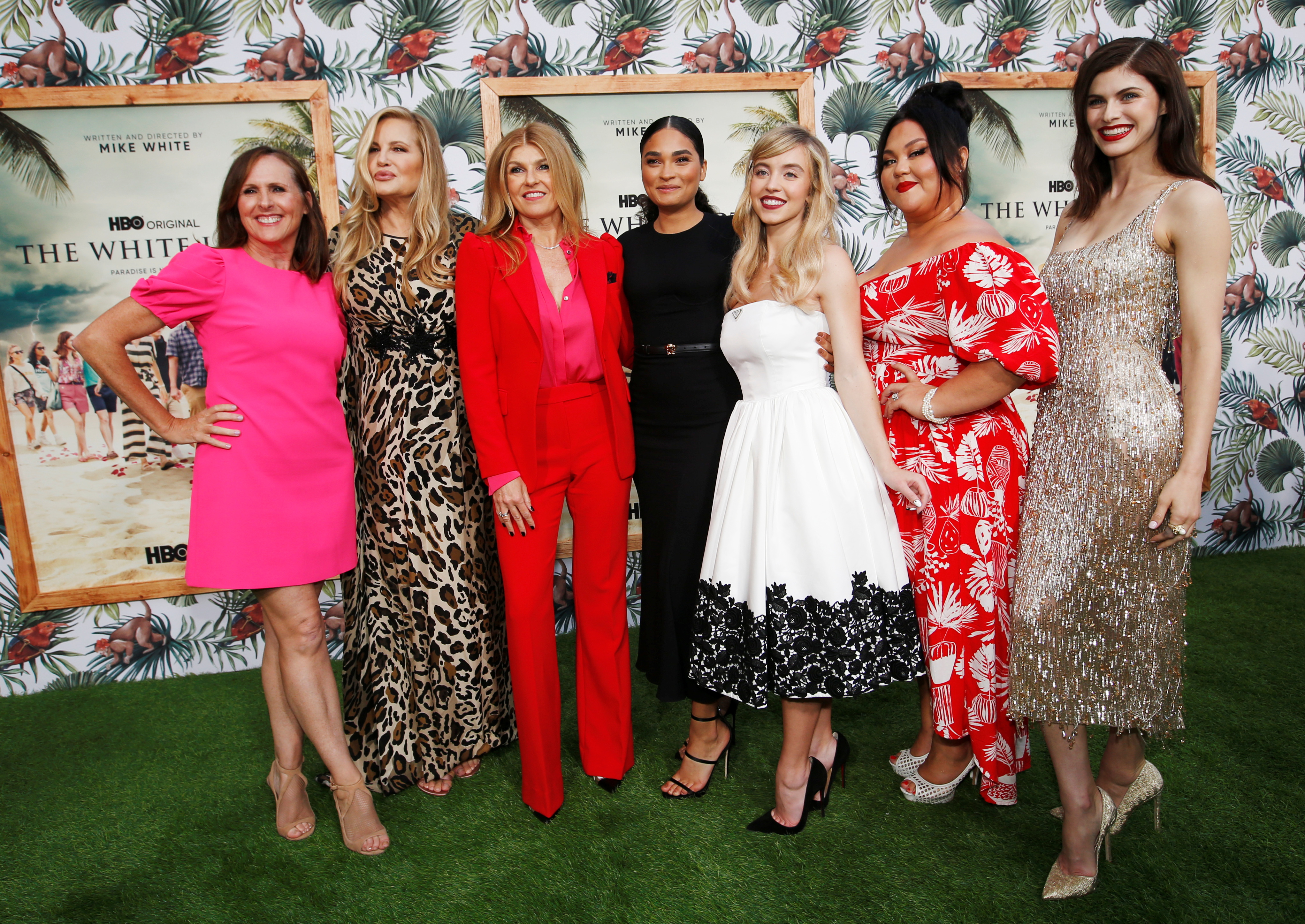 The cast members of the first season of "The White Lotus", Molly Shannon, Jennifer Coolidge, Connie Britton, Brittany O'Grady, Sydney Sweeney, Jolene Purdy and Alexandra Daddario.  (REUTERS)