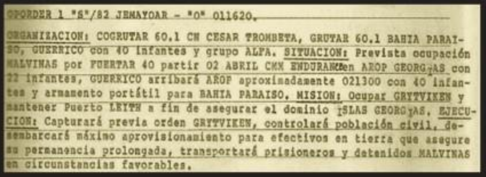 Un documento histórico. La orden de operaciones que determinó desembarcar en las Islas Georgias (La larga travesía del Bahía Paraíso año 1982, de Fernando Bernabé Santos)