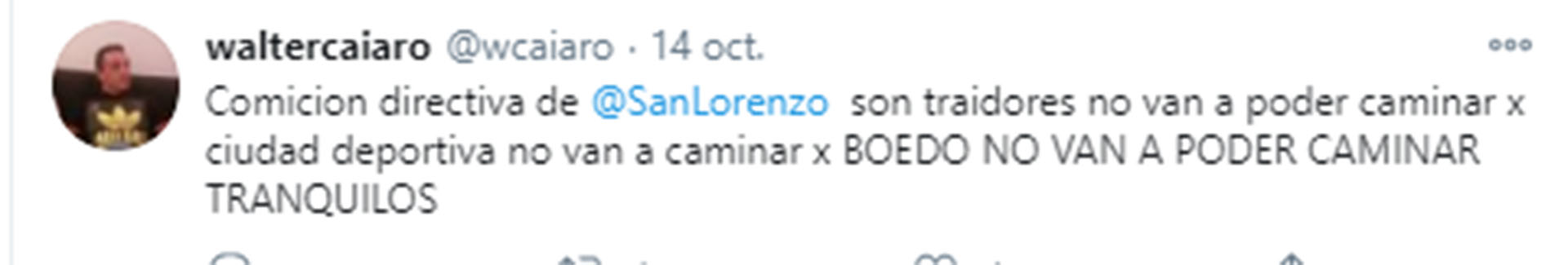 Una de las amenazas que realizó el hincha de San Lorenzo en su cuenta de Twitter