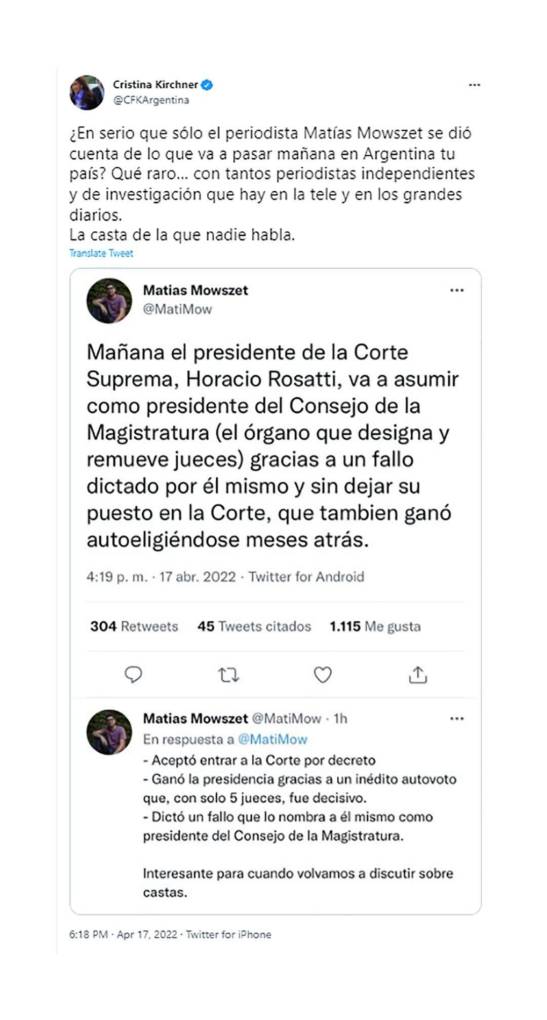 El tuit que publicó la Vicepresidenta, Cristina Kirchner 