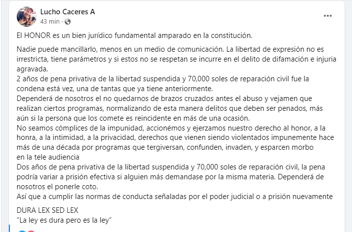 Lucho Cáceres celebra falló del Poder Judicial. Facebook