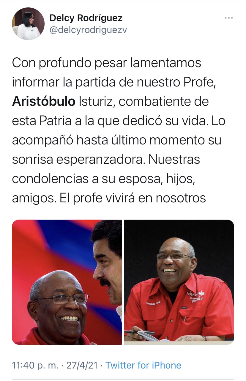 Tuit de Delcy Rodríguez anunciando la muerte de Aristóbulo Istúriz
