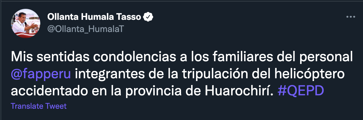 Ollanta Humala envía condolencias por la muerte de Susana Higuchi