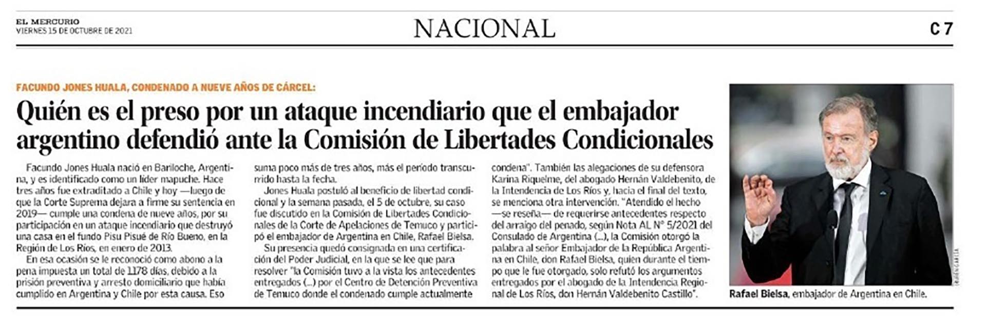 El embajador argentino en Chile, Rafael Bielsa, abogó por la liberación del referente mapuche Facundo Jones Huala, condenado por un atentado en el sur de ese país 