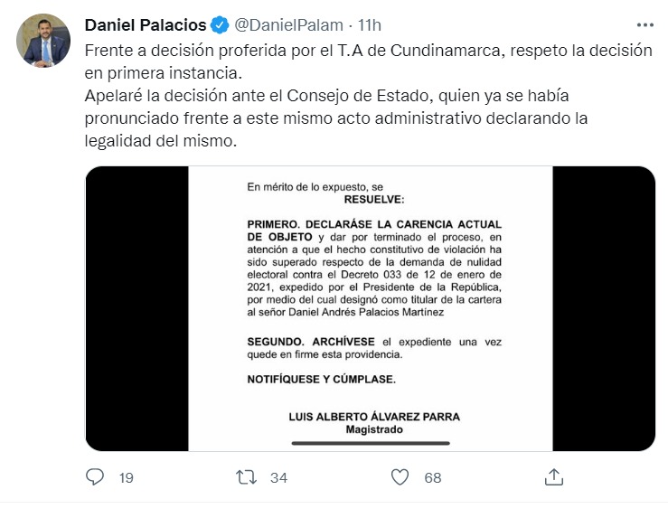 Tweet de Daniel Palacios en donde deja clara su intención de apelar decisión que lo apartaría del cargo como Ministro del Interior. FOTO: Twitter.