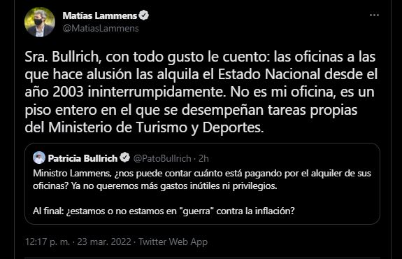 Fuego cruzado entre Matías Lammens y Patricia Bullrich en Twitter.