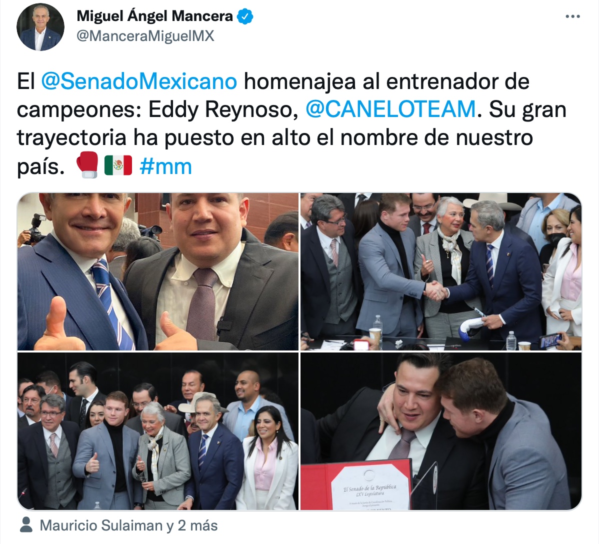 Miguel Ángel Mancera reconoció a Canelo Álvarez y Eddy Reynoso en su visita al Senado de la República (Foto: Twitter/@ManceraMiguelMX)