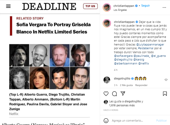 A través de su cuenta de Instagram, el actor dio a conocer su participación en la serie 'Griselda', la cual estará protagonizada por Sofía Vergara.
FOTO: Captura de pantalla de Instagram