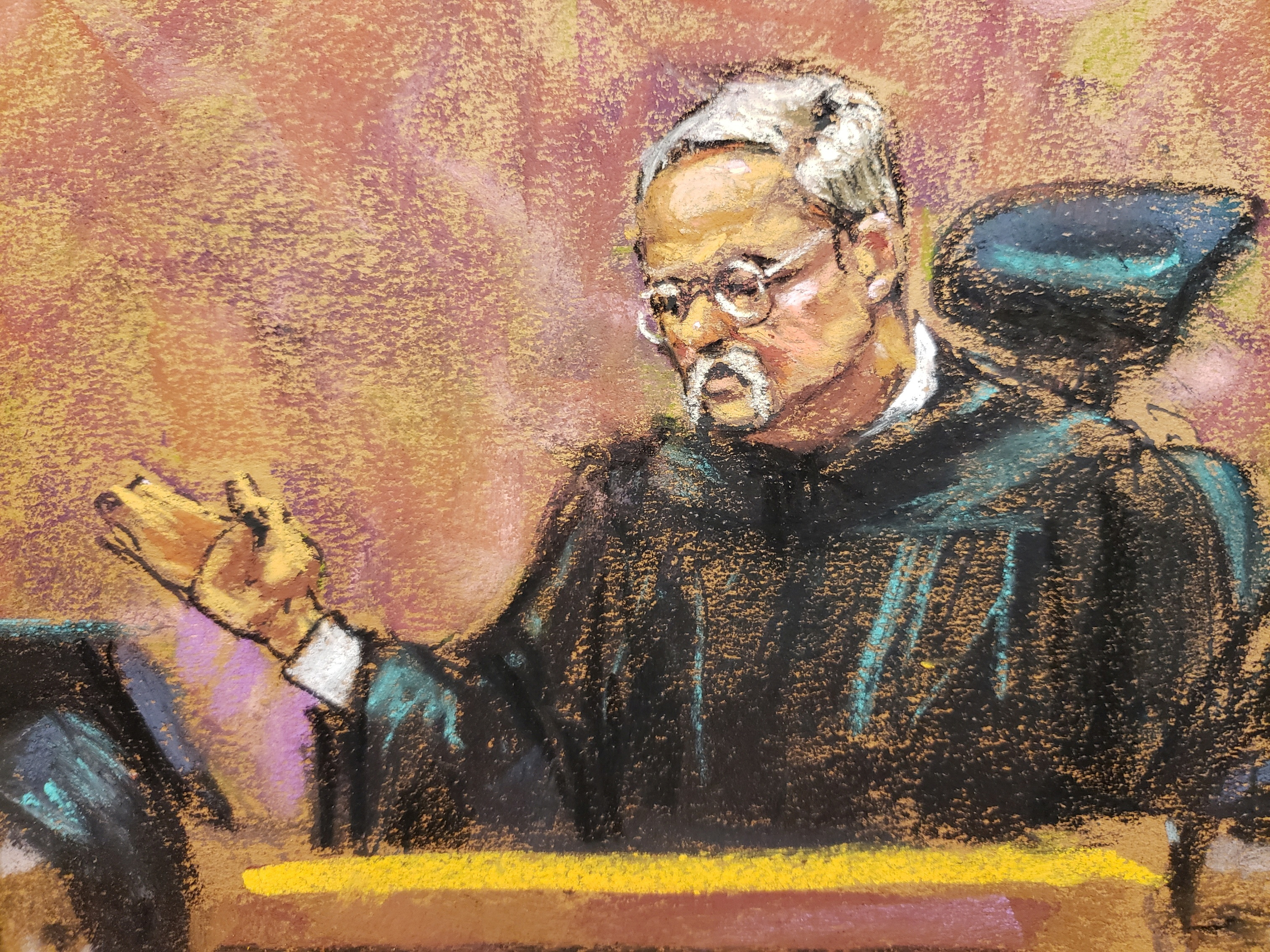 Judge Brian Cogan instructs the jury on the law ahead of deliberations in the trial of Mexico's former Public Security Minister Genaro Garcia Luna on charges that he accepted millions of dollars to protect the powerful Sinaloa Cartel, once run by imprisoned drug lord Joaquin "El Chapo" Guzman, at a courthouse in New York City, U.S., February 16, 2023 in this courtroom sketch. REUTERS/Jane Rosenberg