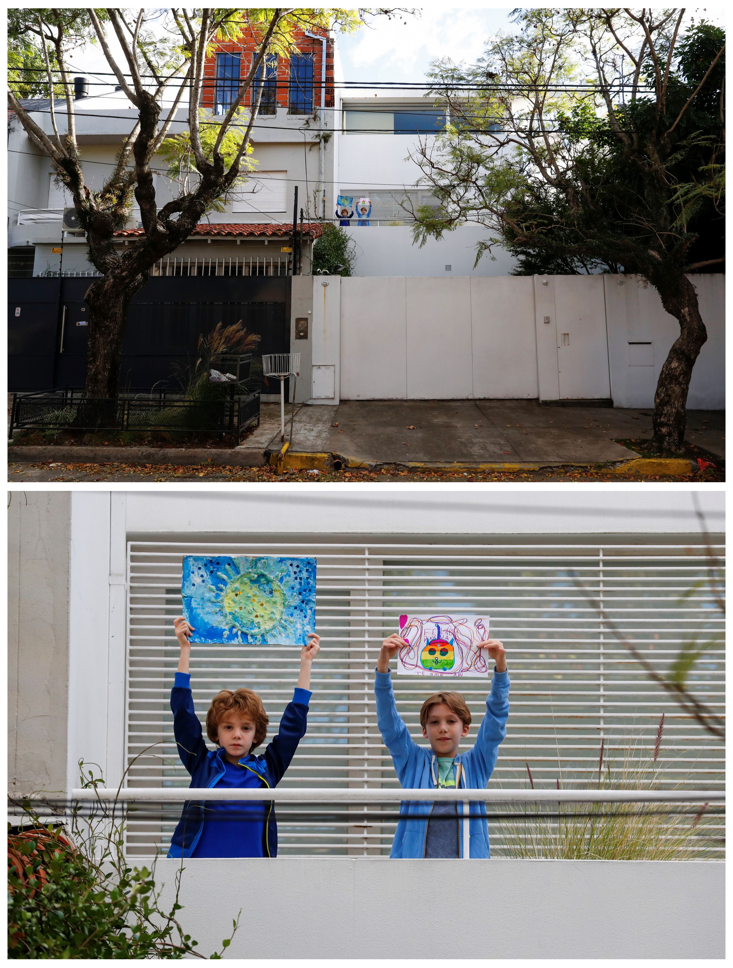 Juan, 8, y Mateo, 10, en el balcón de su casa en Buenos Aires, Argentina, el 14 de abril pasado. Juan, que hizo un dibujo del coronavirus, dijo: