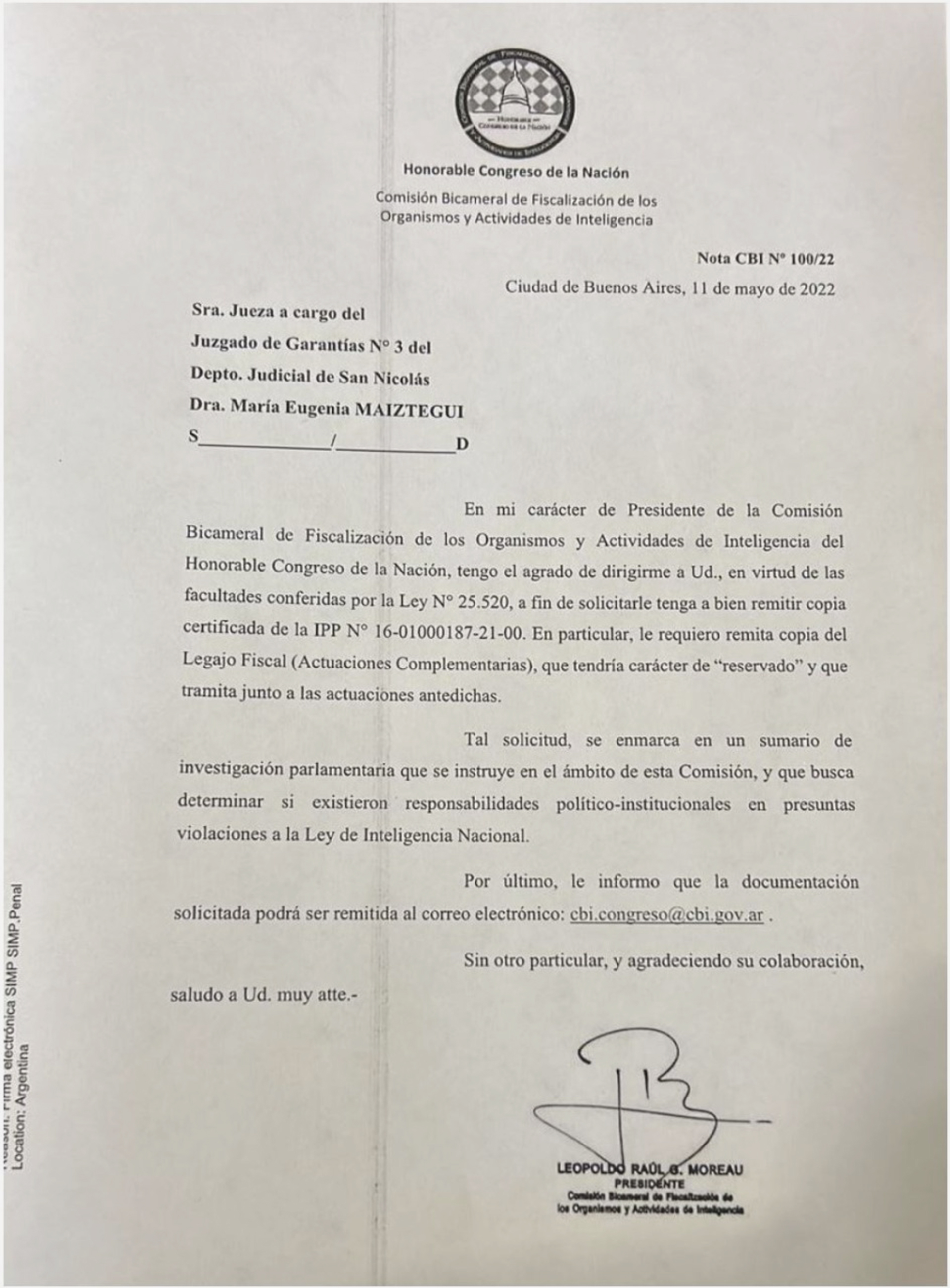 La carta de Leopoldo Moreau a la jueza Maiztegui.
