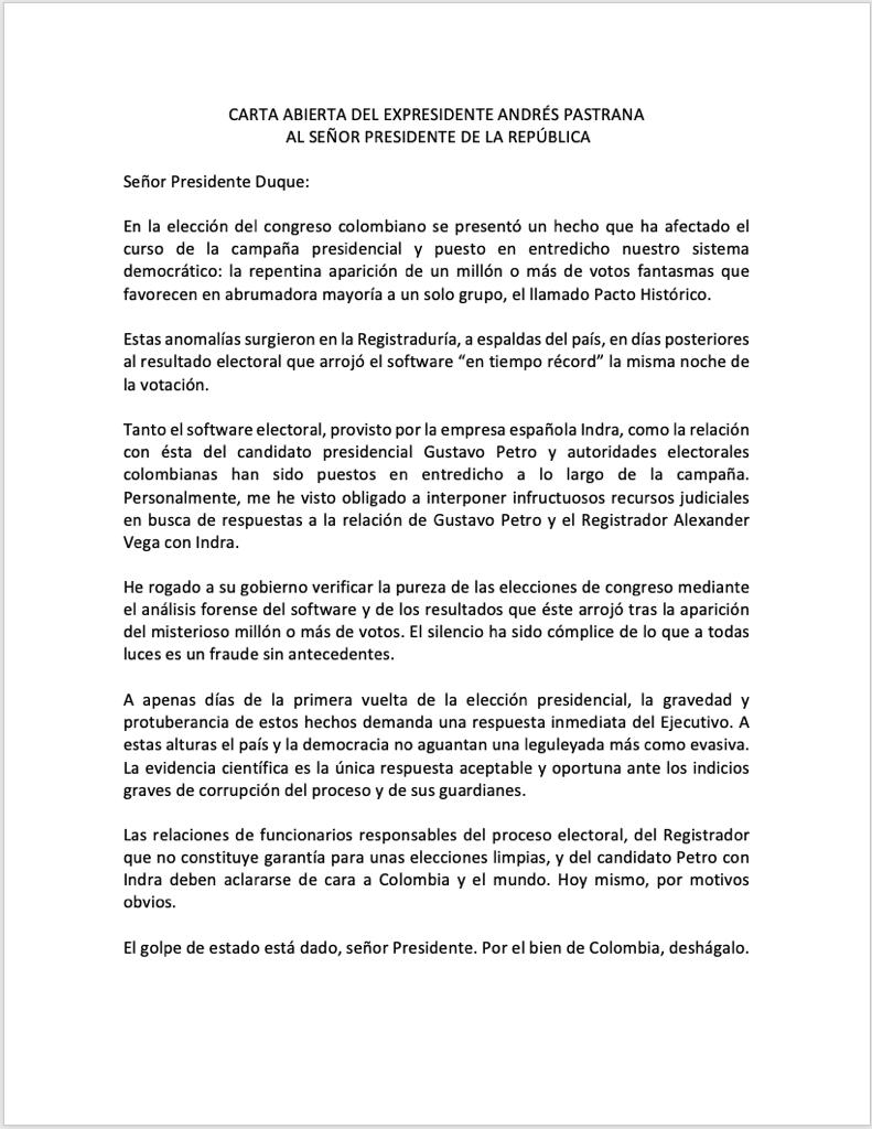 Carta de Andrés Pastrana a Iván Duque